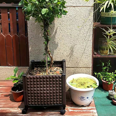 長方形の上げられたプランター箱のStorableプラスチック花箱プランターに水をまいている自己